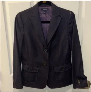Lands’ End Navy Blue Wool Blend Blazer Jacket Size 4P Purple Lining Career Chic Boho Eclectic thumbnail 3