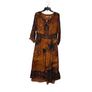Soft Surroundings Rust Batik Midi Dress 3/4 Sleeve Tassel Zip Venetian boho Sz 4 thumbnail 3