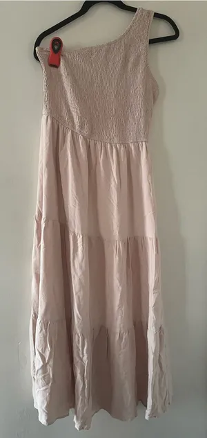 Blush Pink One Shoulder Midi Dress Medium Smocked Tiered Romantic Summer Wedding thumbnail 1