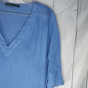 Zara Basic 100% Linen Blue V-Neck Relaxed Fit Everyday Casual Shift Dress Size S thumbnail 2
