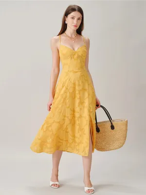 Rihoas Yellow X Cross Jacquard Slip Midi Dress thumbnail 7