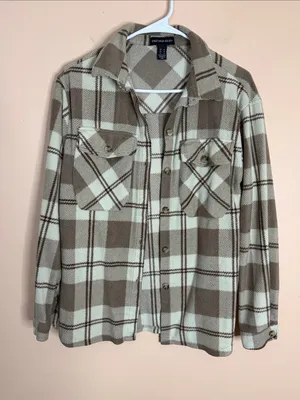 Streetwear Society Plaid Button-Down Shirt Jacket - Cream & Brown thumbnail 1