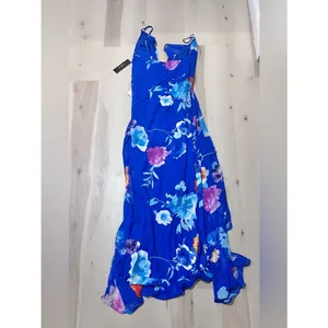 Lulus NWT Women Large Royal Blue Ladean Floral Print Ruffled Wrap Maxi Dress thumbnail 7