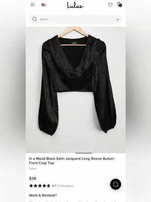 LULUS In a Mood Black Satin Jacquard Long Sleeve Crop Top Size XS thumbnail 3