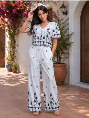 NWT White & Black Embroidered Two-Piece Wide-Leg Pants Set Large thumbnail 2