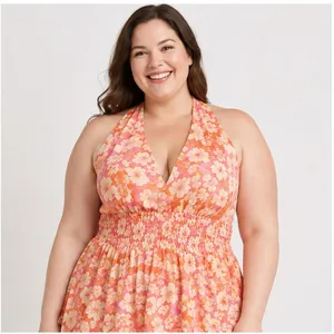 Madden NYC Womens Plus 3X Tropical Floral Halter Mini Smocked Dress Pink Orange thumbnail 3