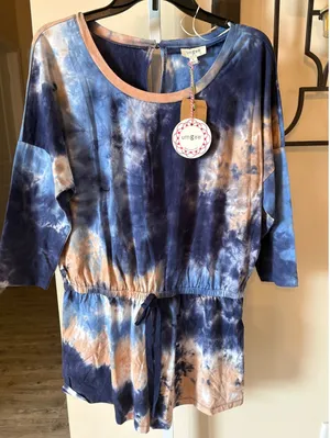 Umgee Blue Peach Tie Dye Romper Womens Large 3/4 Sleeve Keyhole Back NWT thumbnail 1