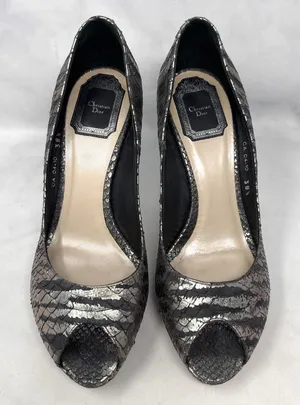 Christian Dior Vintage Y2K Miss Dior Metallic Leather Open Toe Pump Heels Silver thumbnail 1