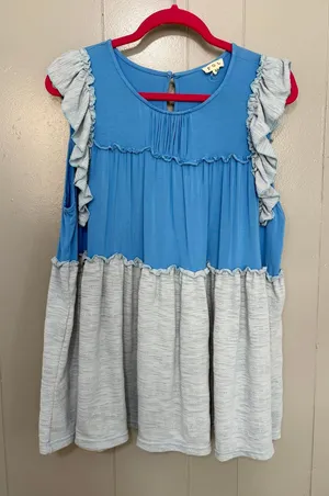 POL Blue Mixed Media Tiered Ruffle Sleeveless Oversized Boho Tunic Top M thumbnail 1