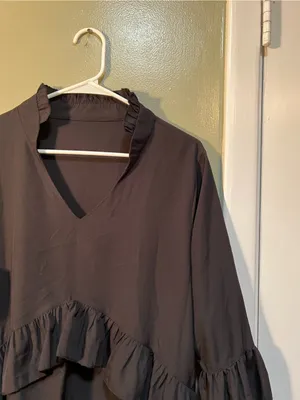 Women’s Size Large Mini Dress Black Ruffle V-Neck A-Line 3/4 Sleeve Collared LBD thumbnail 5