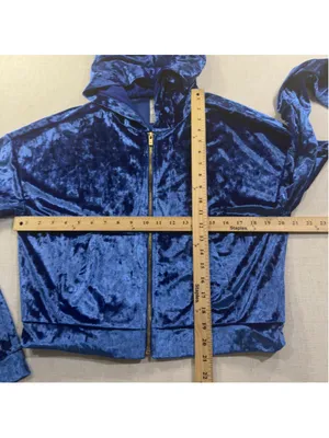 Fabletics Royal Blue Crushed Velvet Zip Up Cropped Hoodie Medium thumbnail 3