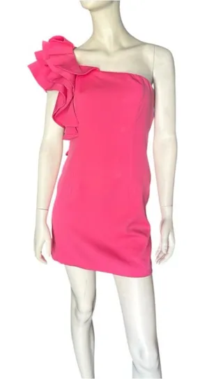DO + BE One Shoulder Ruffle Bodycon Mini Dress Hot Doll Pink Size Medium NWT thumbnail 1