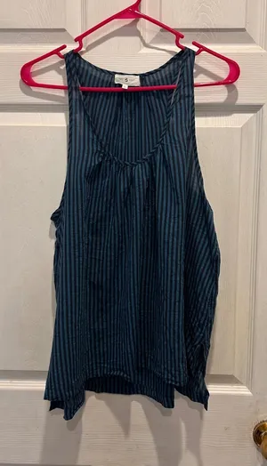 Lou & Grey‎ Womens Teal Black Striped Cotton Tank Top Scoop Neck Large Lagenlook thumbnail 1