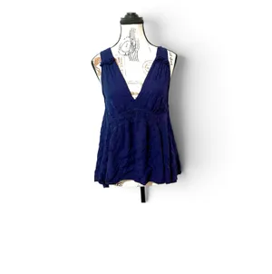 Maeve Anthropologie Navy Blue Boho Tank Top Plunge V Neck Smocked Cinch Small thumbnail 3