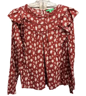 Dip Rust/White Floral Crochet Long Sleeve Blouse Size M Keyhole Ruffle‎ Boho thumbnail 1