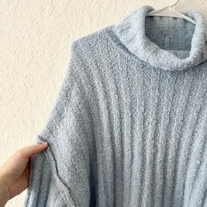 American Eagle Oversized Slouchy Ribbed Knit Soft Cowl Neck Light Blue Sweater thumbnail 4