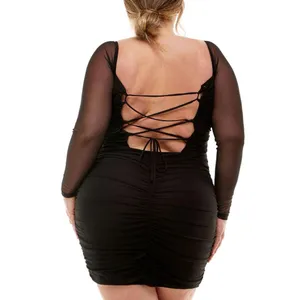 NWT City Studios Womens Plus Size Emma Ruched Lace-Up Dress 6226AJ5PD1 18W Black thumbnail 2