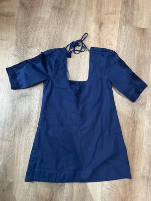 Free People Boho Navy Puff Sleeve Mini Dress Tassel Tie Embroidery Size Small thumbnail 2