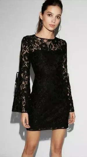 Express Womens 2 Black Floral Lace‎ Bell Sleeve Open Back Mini Dress thumbnail 1