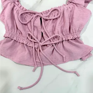 Y2K Lavender Bow Tie-Front Sz Small Feminine Ruffled Coquette Babydoll Crop Top thumbnail 4
