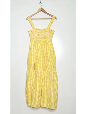 French Connection Yellow Gingham Smocked Midi Dress Size 6 thumbnail 2