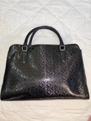 GUESS Black Glossy Monogram Satchel with Silver Chain Charm thumbnail 2