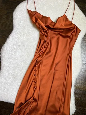 Shein Burnt Orange Satin Cowl Neck Maxi Dress Side Slit Covered Buttons Large thumbnail 4
