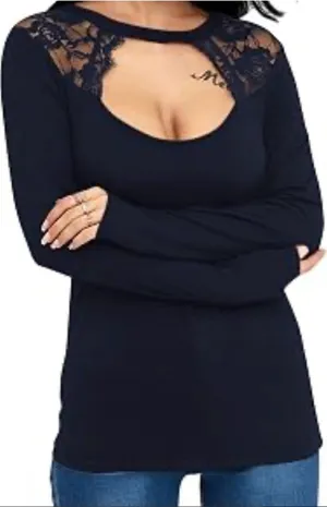 Lace Yoins Long Sleeve Scoop Neck Top - Black thumbnail 1