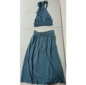 Blue Periwinkle Satin Silk Maxi Skirt and Halter Crop Top Matching Set Coords Size S 🩵✨ thumbnail 2