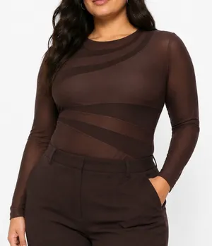 SheIn Womens Brown Mesh Bodysuit XL Sheer Long Sleeve Geometric Panels Fitted thumbnail 1