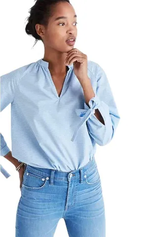 Madewell Light Blue & White Striped Tie-Sleeve Peasant Popover Blouse Top thumbnail 2