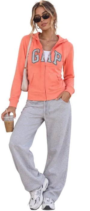 Vintage Y2K Gap Hooded Full Zip Sweatshirt Womens Medium Orange Spell Out Lounge thumbnail 1