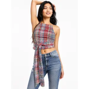Free People Real Love Crop Top Women’s S Red Blue Plaid Ruched Wrap Y2K Boho thumbnail 9