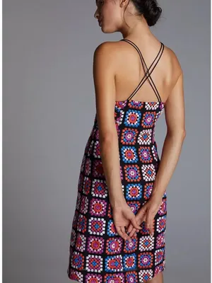 Anthropologie Granny Square Black Multi Crochet-Pattern Midi Dress Embroidered thumbnail 3