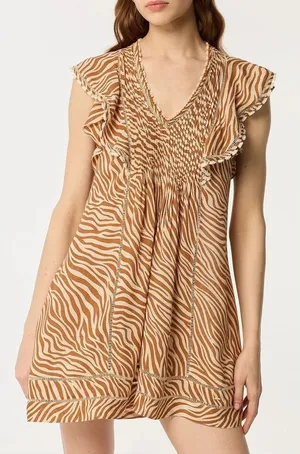 Poupette St Barth Camelia Mini Dress Women‎ Ivory Tan Zebra Ruffle V Neck Boho thumbnail 1