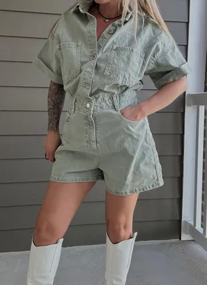 romper jumpsuit denim jeans olive green thumbnail 2