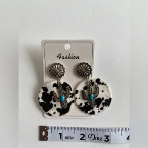 Cow pattern cactus‎ with turquoise decor dangle ethnic style earrings Black thumbnail 7