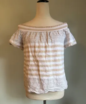 Vineyard Vines Linen Cotton Off Shoulder Top Beige M coastal preppy stripe dai thumbnail 1