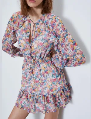 Zara RUFFLED FLORAL PRINT LONG SLEEVE MINI DRESS Size S NEW. thumbnail 2