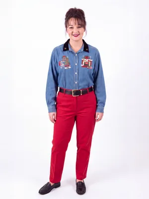Vintage 90s Ugly Christmas Embroidered Denim Holiday Shirt Velvet Collar thumbnail 3