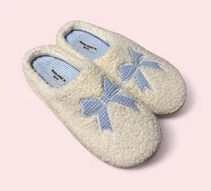Plush Cream Sherpa Slip-On Slippers with Light Blue Gingham Bow thumbnail 1