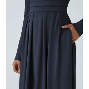 HALARA Navy Blue Mock Neck Long Sleeve Pocket Flare Maxi Casual Dress Knit XS thumbnail 5