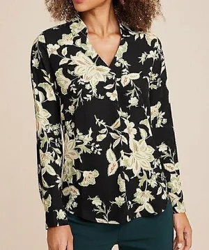 MAURICES Atwood Pleated Floral Blouse Black Cream Beige Long Sleeve Work Office thumbnail 1