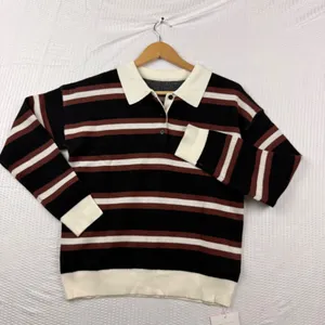 Tankaneo Women Black Brown Striped Long Sleeve Polo Knit Sweater M7D849 Size S thumbnail 2
