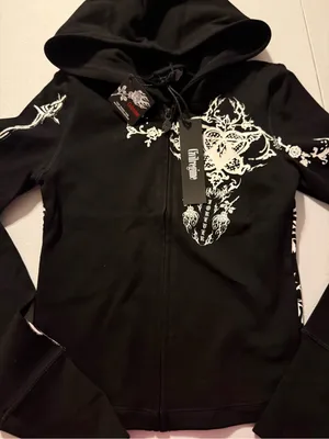 Civil Regime Zip-Up Long Sleeve Small Gothic Tribal Floral Black Womens Hoodie thumbnail 2
