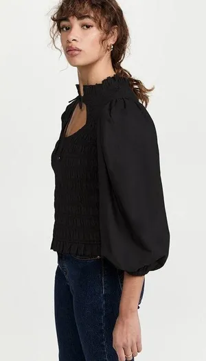 Love The Label Anthropologie Black Smocked Puff Sleeve Blouse Sz.S NWT thumbnail 3