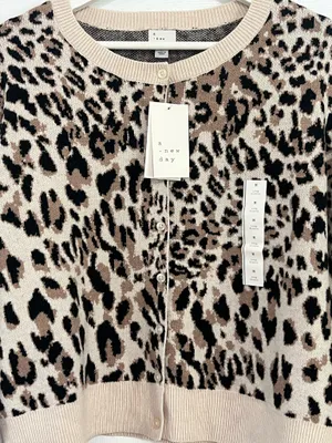 A New Day Leopard Print Cardigan Cropped Chic Minimalist Neutral Classic Sweater M thumbnail 4