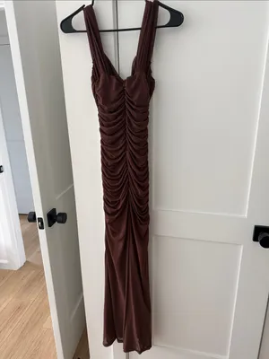 Ruched Cowl Neck Maxi Dress in Chocolate Brown thumbnail 4