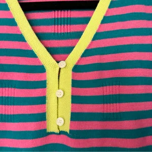 Woman’s Stripped Button Detail Knit Sweater Large Pink Green thumbnail 3