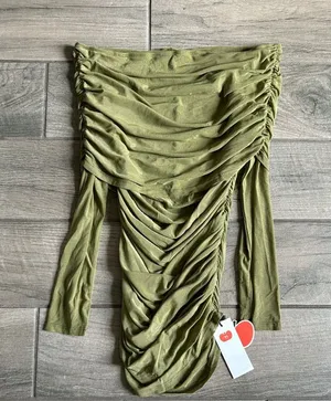 Cider Olive Green Ruched Off-Shoulder Long Sleeve Top thumbnail 1